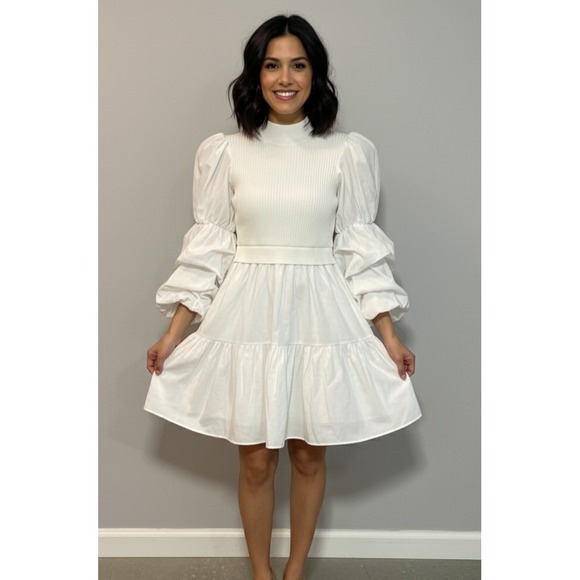 English Factory Dresses & Skirts - English Factory Mixed Media Mini Dress Womens XS White Knit Bodice Puff Sleeve